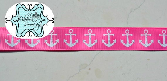 patriotic nautical white glitter anchors on pink 7/8" grosgrain ribbon Il_570xn