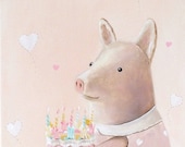 Children's wall art painting, pink pig, girl's room decor, nursery animal illustration, kids room decor - inameliart