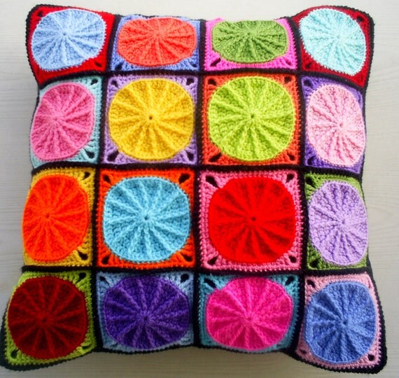 the colorful polkadot crochet granny square cushion cover / pillow cover