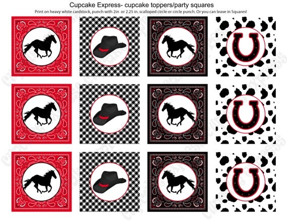 INSTANT DOWNLOAD diy Cowboy Printable Party Circles 2in Cupcake Toppers red black bandana gingham boots Il_570xn