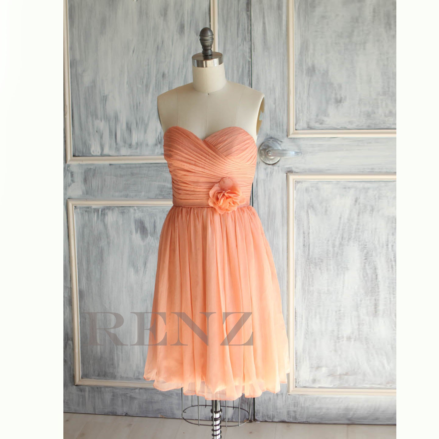 Peach Wedding dress , chiffon party dress,bright peach bridesmaid dress, strapless formal dress  (A017)
