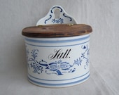 Vintage wall mount Porcelain Salt Crock with Wooden Lid Made in GERMANY - DivaInTheDell