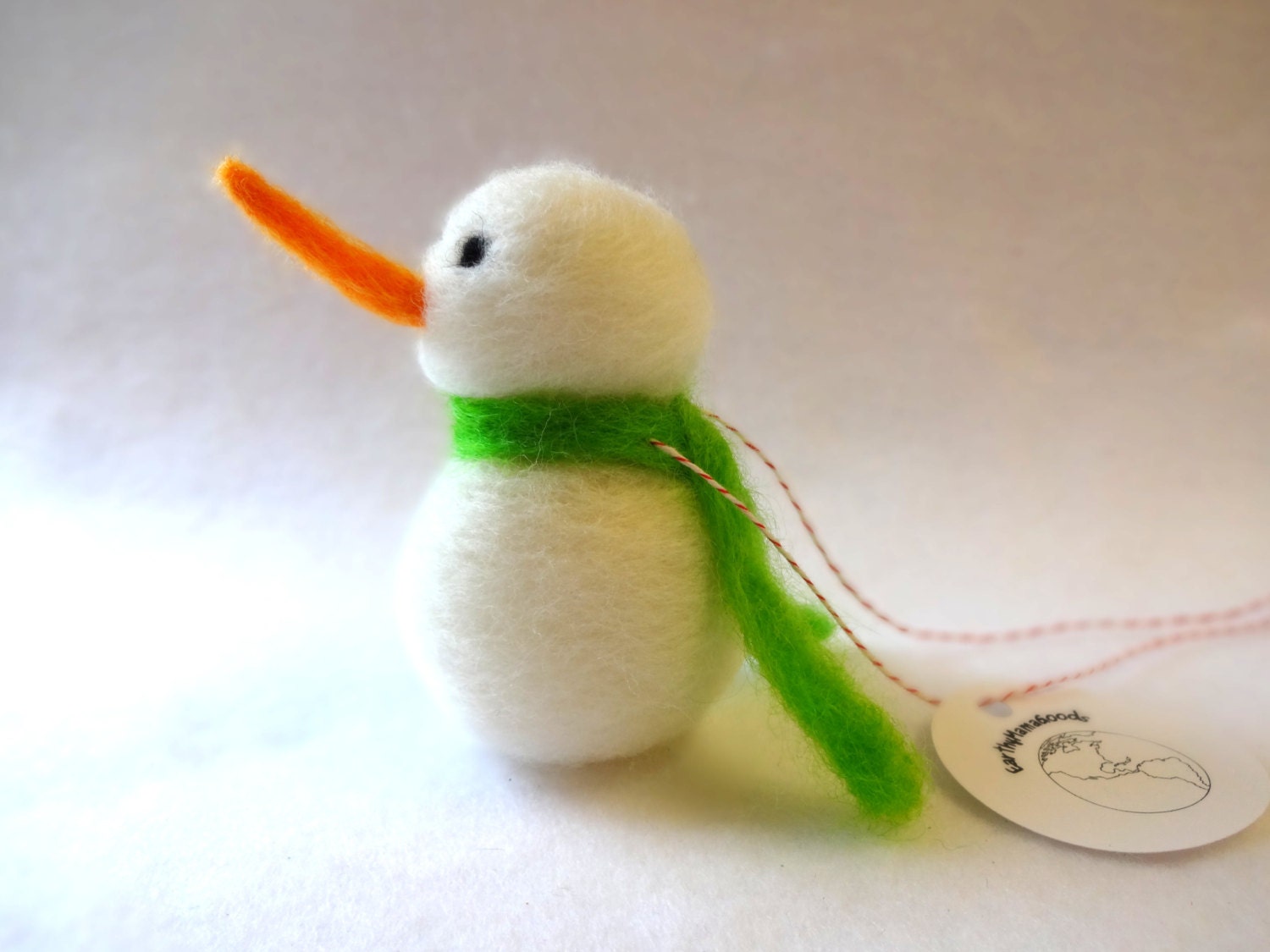 snowman Christmas ornament - green scarf - needle felted wool -  tree decoration -  made to order - EarthyMamaGoods