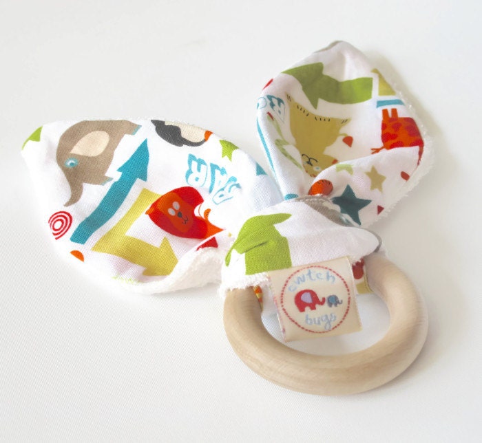 Natural Wooden Teething Ring Soother in ALPHABET SOUP fabric ....a baby gift idea from Cwtch Bugs - CwtchBugs