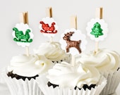 Christmas Party Decoration Cupcake Toppers Reusable Set of 12 Santa's Sleigh Reindeer Trees Party Favors Clips Dessert Table Settings - wishdaisy