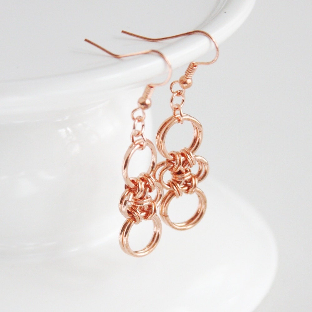 Copper Chain Maille Earrings, Raw Copper Dangles, Hand Woven Chain Earrings, Copper Cross Dangles, Copper Jewelry