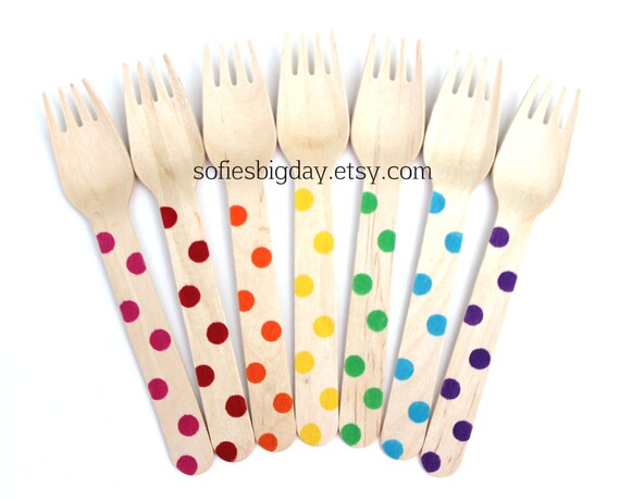 30 Hand Stamped Wooden Forks or Spoons, Rainbow Polka Dot Ice Cream Wooden Spoons, Disposable Wooden Spoons, 30 Count Il_570xn