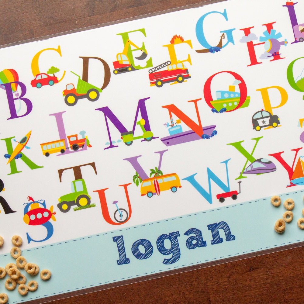 Personalized Childrens Placemat - Transportation Alphabet Boy - laminated, double-sided Il_570xn