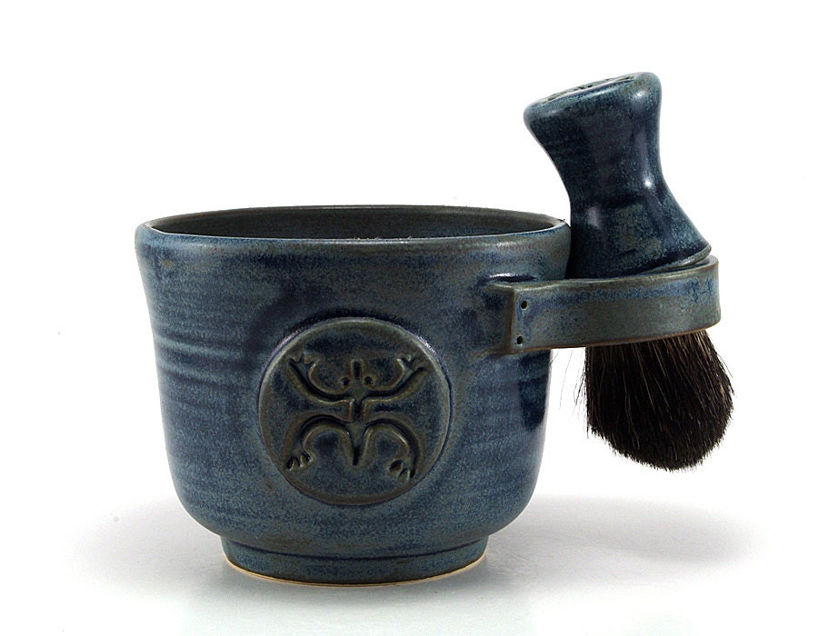 Shaving Set, Blue Tree Frog or Coqui Shave Mug, Shaving Bowl, Black Badger Hair Shave Brush and Shave Soap, Puerto Rico Holiday Gift for Men