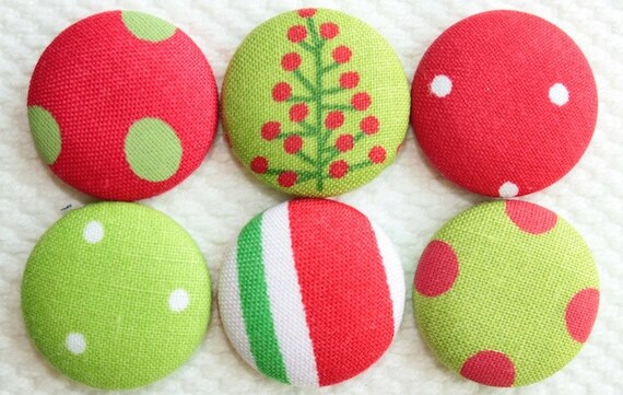 CHRISTMAS red and lime green fabric button magnet, covered button magnet, kitchen magnet -- set of 6 Il_570xn