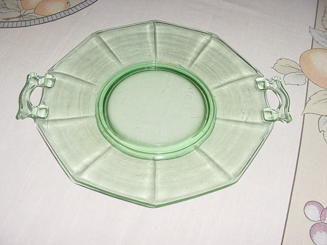 Green Depression Glass Octagon Shaped Handled Platter- Green Depression Glass Platter- Green Glass Plate- Vintage Platter