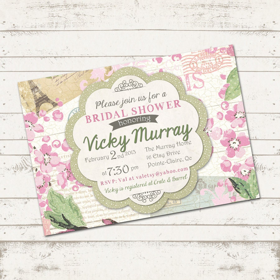 Bridal Shower Invitation- Shabby chic, Paris, vintage inspired, pinks and green floral - Customized, Digital, Printable designs Il_570xn