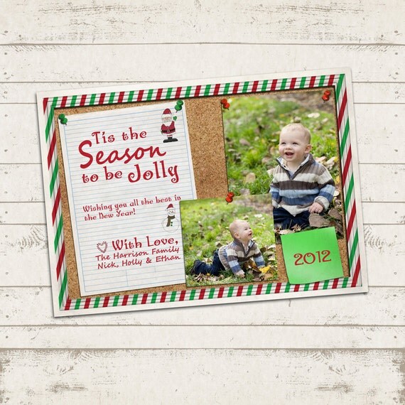 Custom Photo Christmas Card - 5x7 printable download - Merry xmas, red, green candycane stripes, corkboard, holiday, 2 photo design Il_570xn