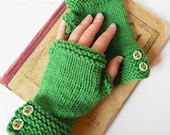 Emerald Green Fingerless Mitts Gloves Hand Knit Organic Merino Wool Women's Medium Large - LemonLaneOrganics