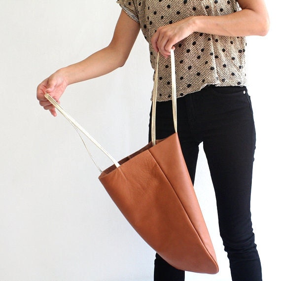 GOLDEN BROWN leather tote bag, shoulder leather bag, women bag, everyday bag - LeahLerner