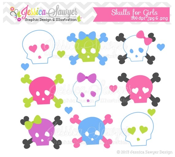 INSTANT DOWNLOAD, skulls for girls clipart, rockstar clip art, for digital scrapbooking, bottle caps, announcements, invitations Il_570xn
