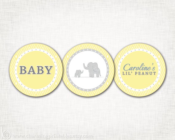 Elephant Baby Shower Cupcake Toppers - DIY PRINTABLE File - Party Circle - Gender Neutral - Yellow Gray - Elegant Elephant Collection Il_570xn