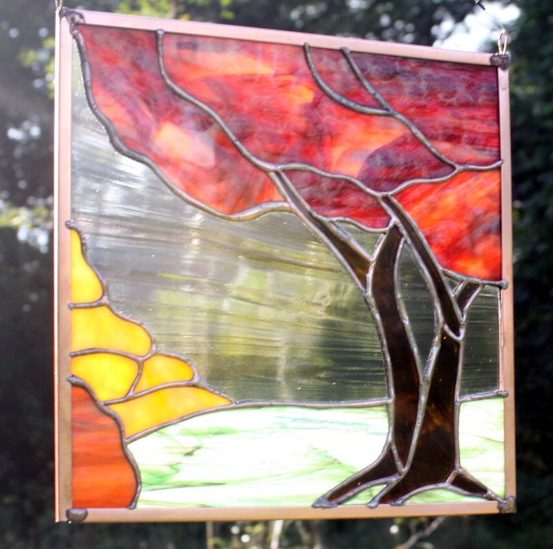 Fall Tree Landscape Stained Glass Panel, Fall Colors, Stained Glass