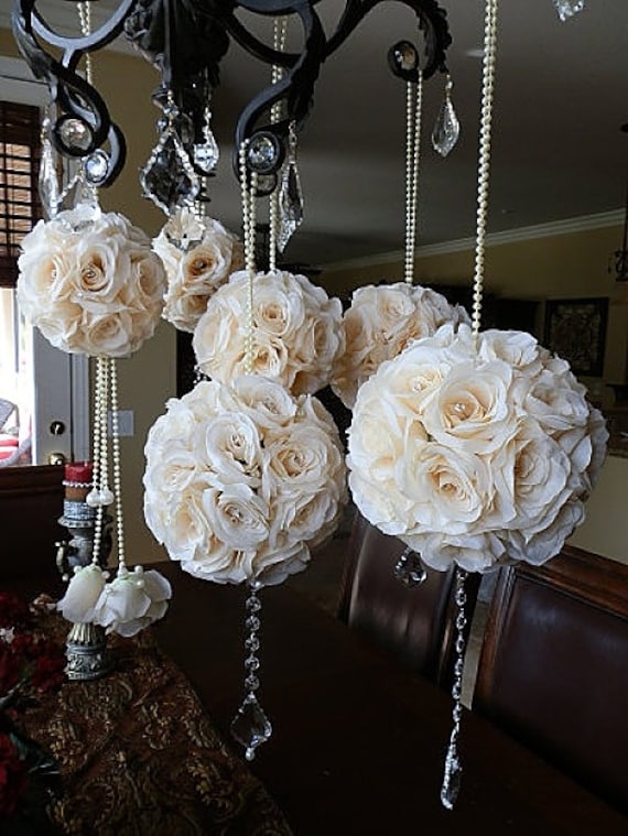 6 Mixed Size Wedding Flower Balls - Set of 6 Mixed Stunning Cream Ivory Flower Pomanders, Custom made to Order