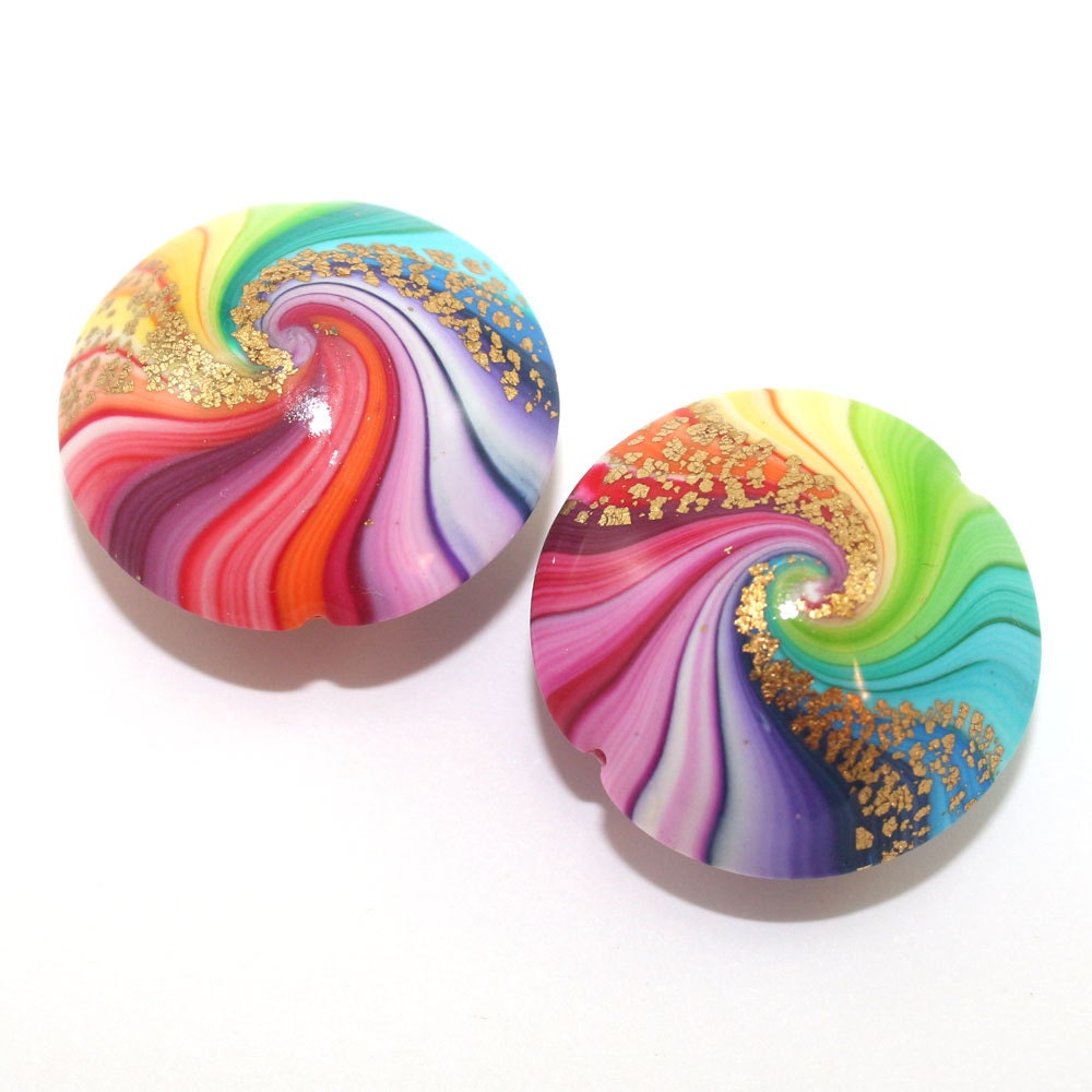 Polymer Clay beads in rainbow colors, unique pattern, colorful swirl lentil beads with touches of gold, set of 2 Elegant beads - ShuliDesigns