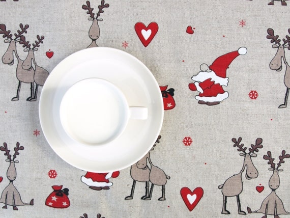 Christmas Linen tablecloth Rain deers Santa Claus Elf Tomten decor Natural Linen Eco Friendly, runner , towel , curtains available ,eco GIFT