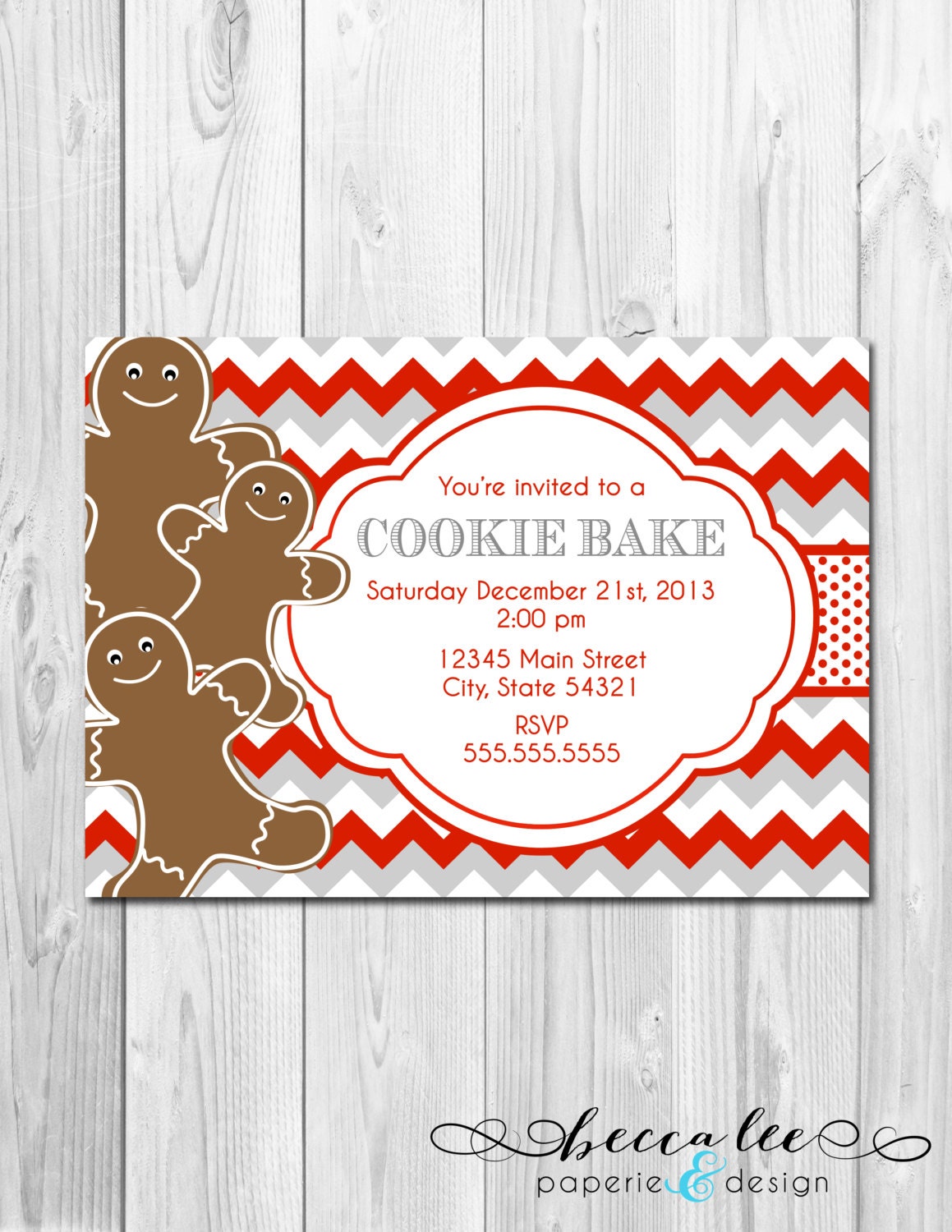 Holiday Party Invitation - Cookie Bake - Gingerbread Men and Chevron Stripes - DIY - Printable Il_570xn