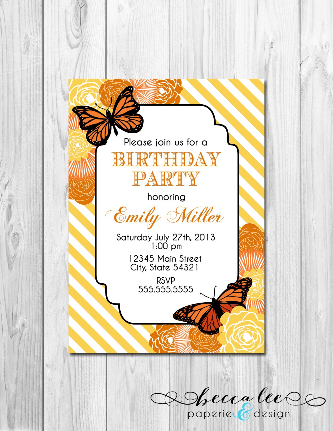 Birthday Party Invitation - Butterflies and Big Blooms - Orange and Yellow - DIY - Printable Il_570xn