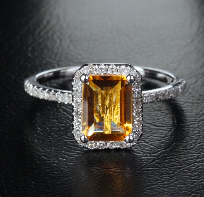 ... Emerald Cut Citrine 14K White Gold .29ct Diamond Halo Engagement Ring