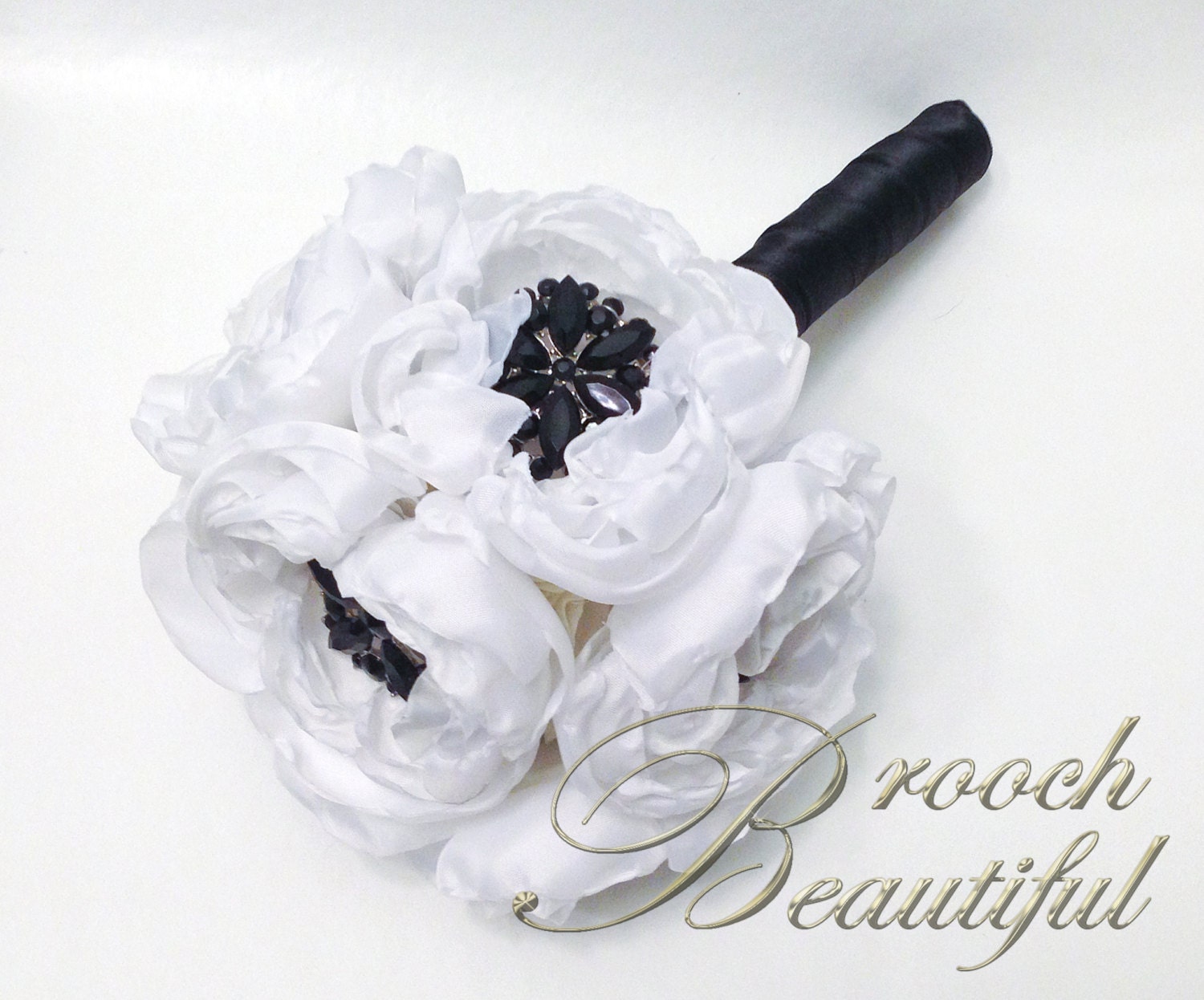 White Handmade Peony Bouquet with Black Brooch Centers (Ready to Ship)