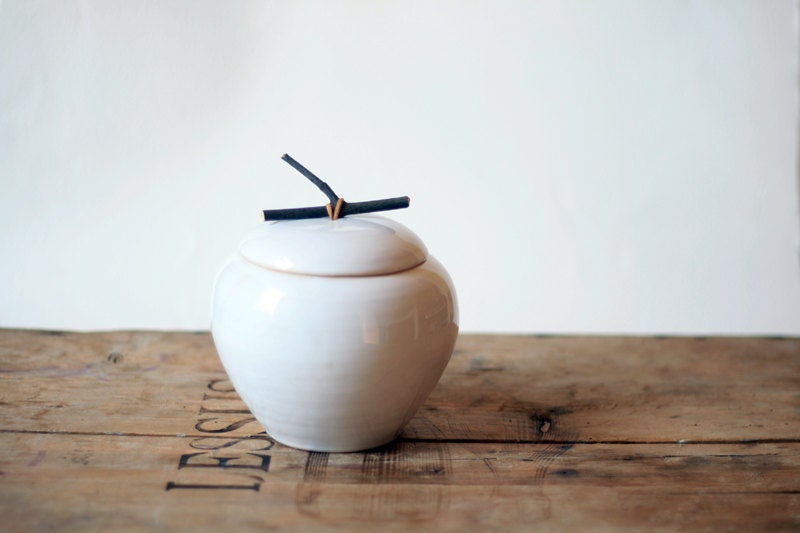 Lovely handmade white jar with a handle from natural wood - OlisCupboard