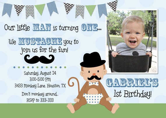 Monkey with Mustache Little Man 1st Birthday Invitation - Printable Il_570xn