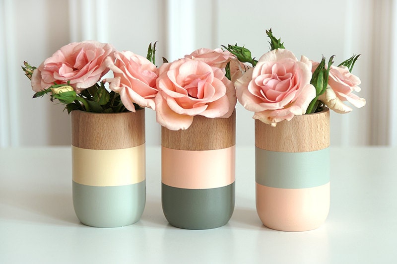 Set of 3 Painted Wooden Vases Home Decor