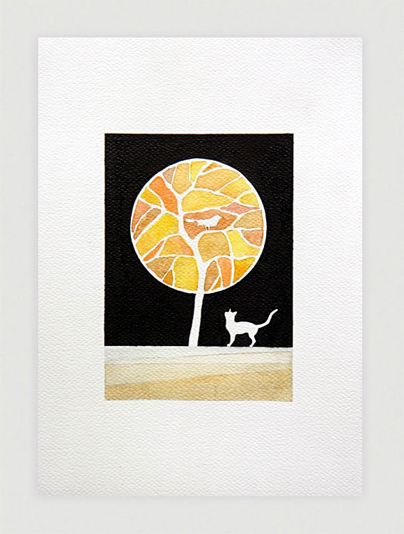 Tree watercolor illustration, original painting, yellow tree, cat and bird, wall art decor, A4 by VApinx - VApinx