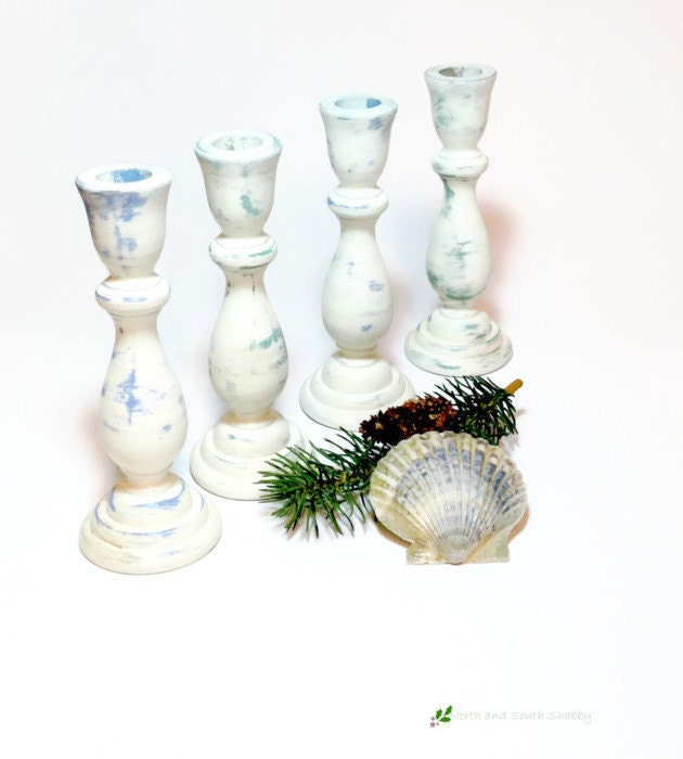 Nautical Shabby White Candlesticks, Blue n Green Accents - northandsouthshabby