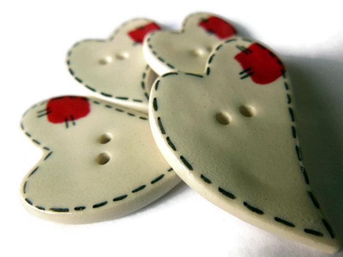 Ceramic White Heart Buttons with Red Patch, Focal Novelty Button, Large Primitive Folk Buttons for Children, Valentine's Day - ThisOnesMineDesigns