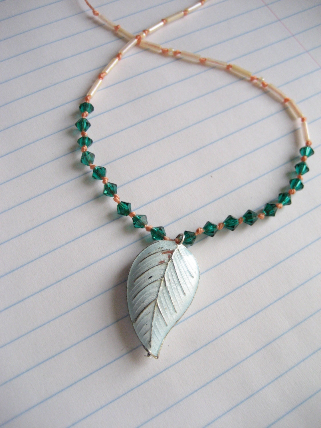Blue Leaf and Emerald necklace - sarawolfiejewelry