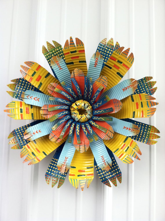 Items similar to Colorful Large Handmade Tin Can Flower Art Wall Decor