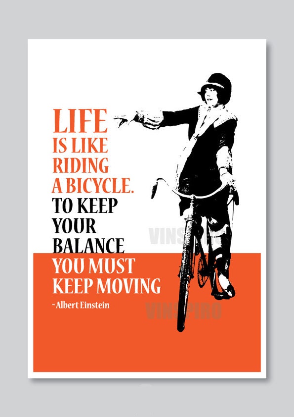 Einstein quote print, girl on bike, retro typography poster, motivational print, contemporary black, white, red illustration, A4 by Vinspiro - Vinspiro