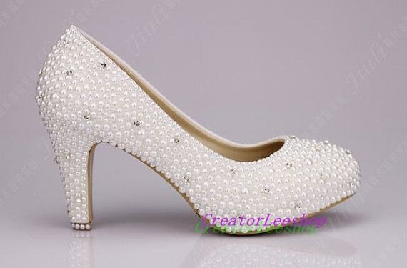 Wedding Shoes ivory, 3 inch closed toe Bridal heels pearl covered with ...