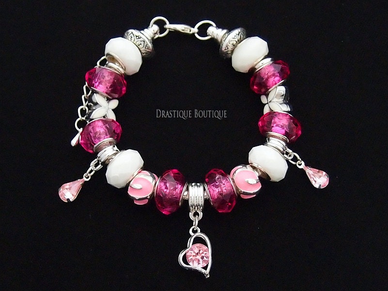 Violet white pink heart charms bracelet, European bead charms bracelet, full beaded, LIMITED edition, OOAK - DrastiqueBoutique
