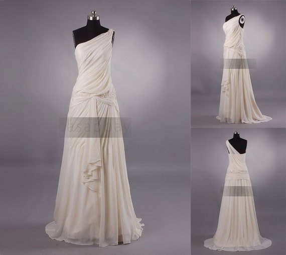 Custom  Grecian Goddess Style One Shoulder Chiffon Destination Wedding Dress Beach Wedding Gown