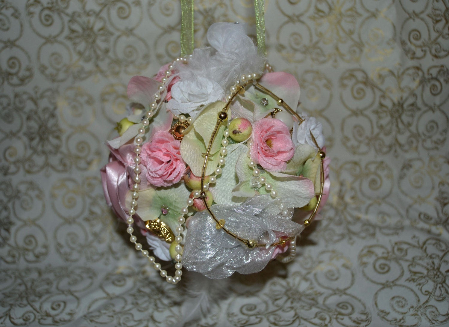 bridesmaid kissing ball with gold, pearl and brooch detail