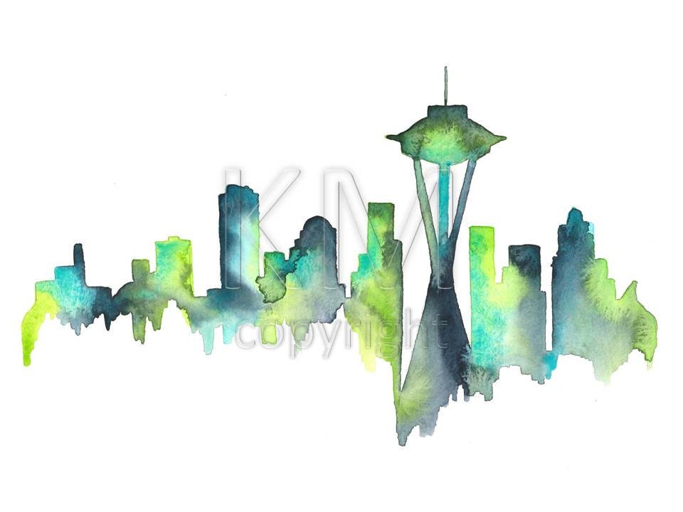 Seattle Skyline Watercolor print of original art piece - Blue and Green Home decor and wall art