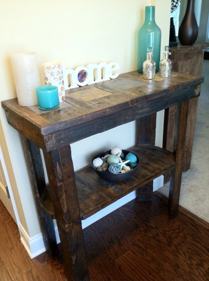 Rustic foyer entry way table. Made from recycled pallets with slate detailing angled legs and free floating shelf . - PalletWHECreations