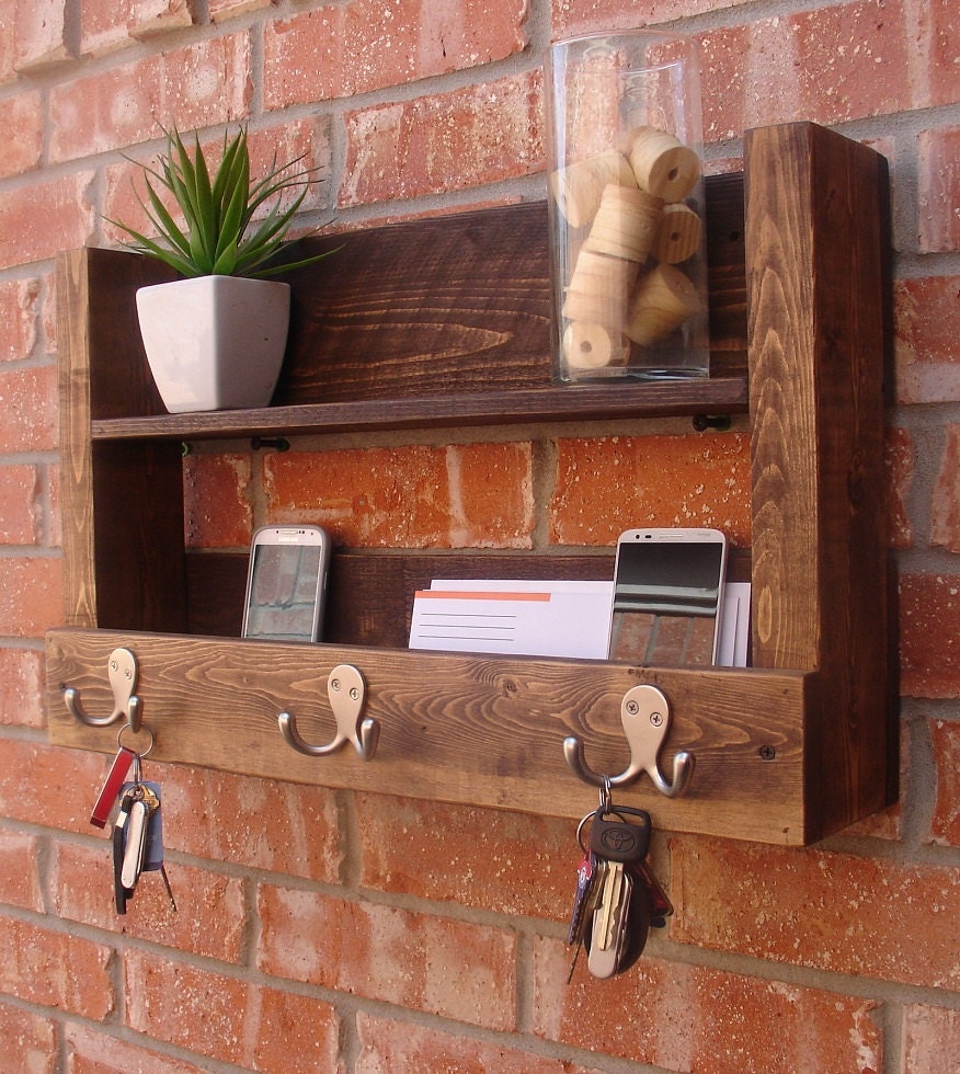 Rustic Entryway 3 Hanger Hook Coat Rack with Shelf and by KeoDecor