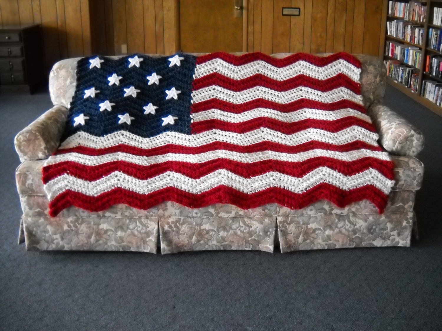 American Flag Afghan Handmade Ripple Crochet Original