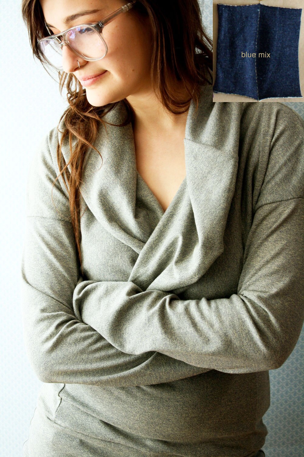ready to ship // long sleeved cowl top / bamboo french terry / by replicca / size extra large / blue mix