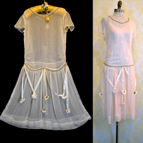 Vintage 1920s Wedding Dress XS - Silk Ribbon  Roses Trim - Sheer ...
