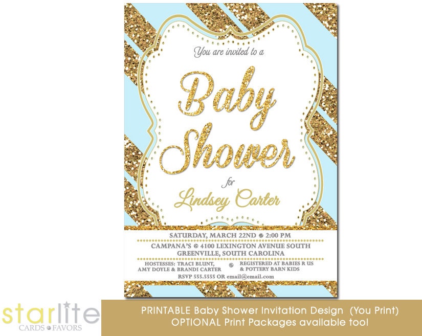  blue gold glitter stripes baby shower invitation