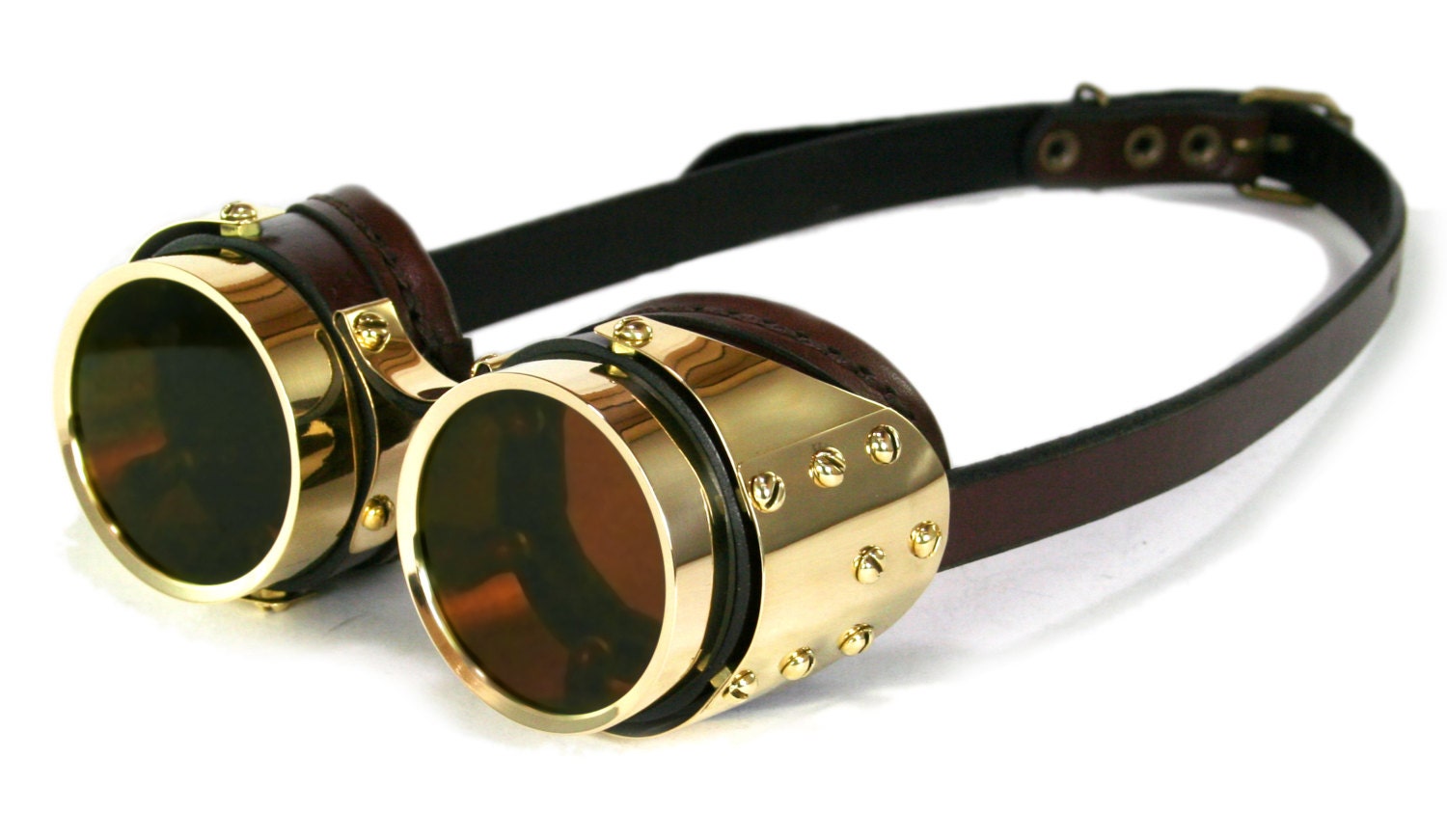 STEAMPUNK GOGGLES brown leather polished brass PLATED - MannAndCo